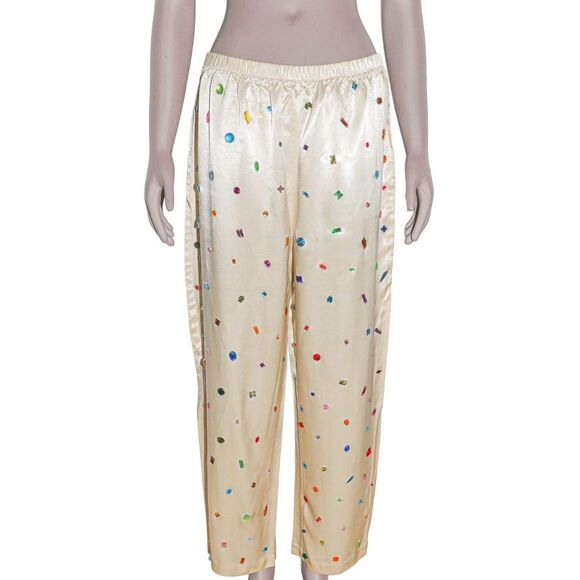Jeweled Satin High-Waisted Tapered Leg Pants Evening Glam Trousers - Picture 1 of 4